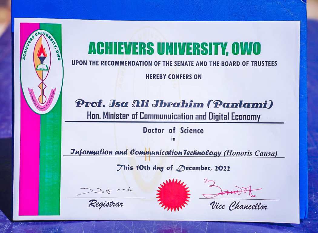 Achievers University and Pantami Honorary award