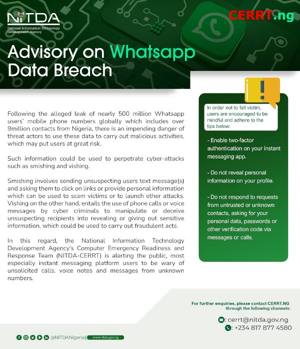 NITDA advisory on WhatsApp Leak