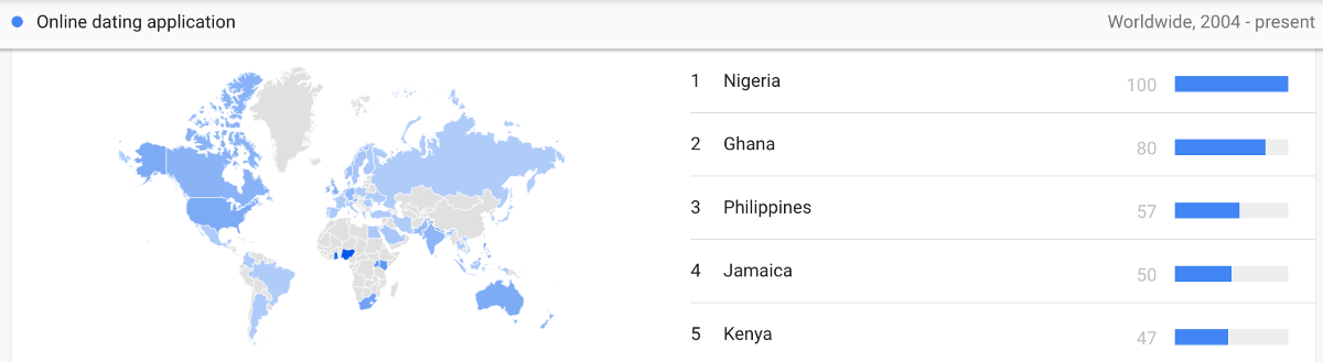 Map: Nigeria is also the country searching the most for Dating Apps worldwide since 2004

