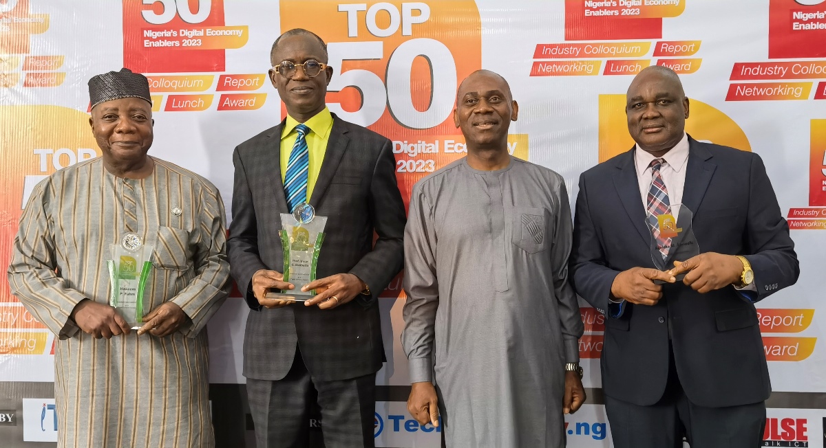 L-r: Hakeem Fahm, Commissioner for Science and Technology, Lagos State; Dr. Augustine Nwaulune, Director of Digital Economy, Nigerian Communications Commission (NCC); Olusegun Oruame, Founder/CEO, Knowhow Media & Market Intelligence International (publishers of ITEdgeNews), and Reuben Muoka, Director Public Affairs at the Nigerian Communications Commission (NCC), at the unveiling of Nigeria Top 50 Digital Economy Enablers, in Lagos