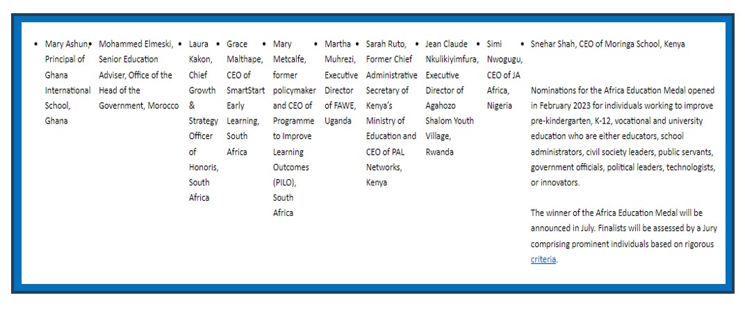 Top 10 Finalist for Africa Education Medal 2023