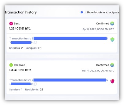 A screenshot of the transaction history of the examined hardware wallet