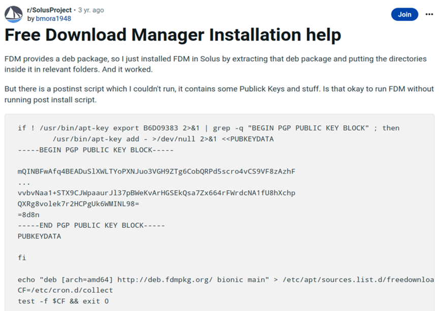 A Reddit user wondered if they can install Free Download Manager without running a script that turned out to contain malware