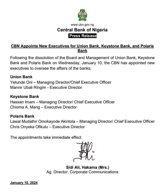 CBN appoints CEOs for Union Bank, Keystone and Polaris