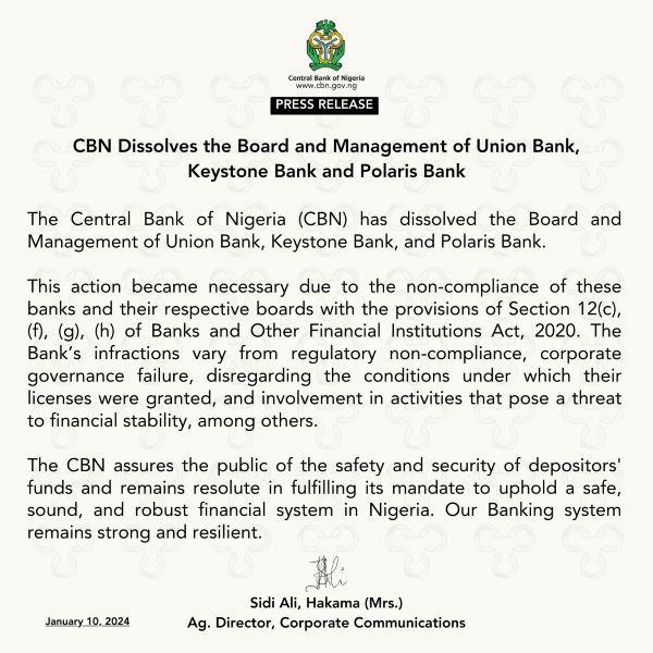 CBN sacks Union, Polaris and Keystone Banks