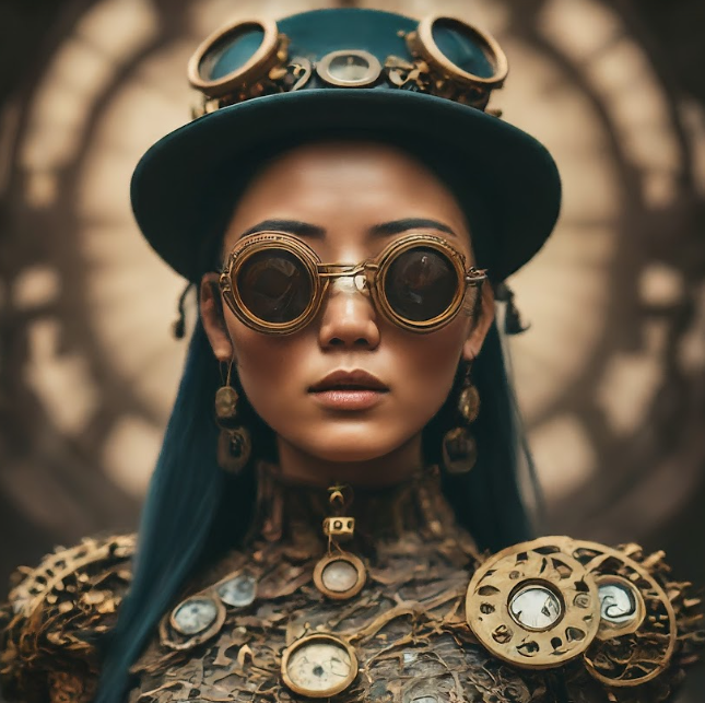 A close-up of a person wearing fantastical attire adorned with gears and clocks.- Gemini Pro