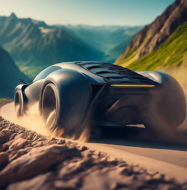 A futuristic automobile driving on a dirt road through the mountains