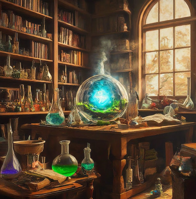 An image of a chemistry lab with colorful flasks around the table, a bookshelf in the background and light peeking through a window - Gemini Pro