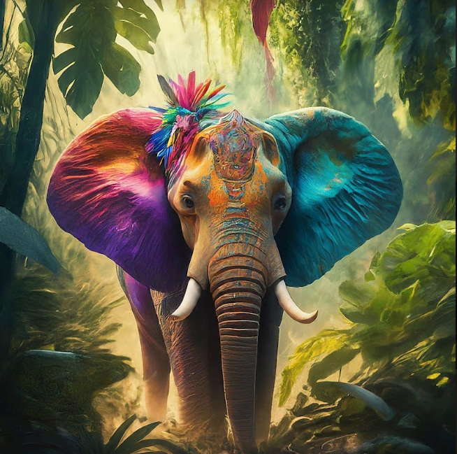 An image of an elephant walking in the jungle with vibrant colors over its body