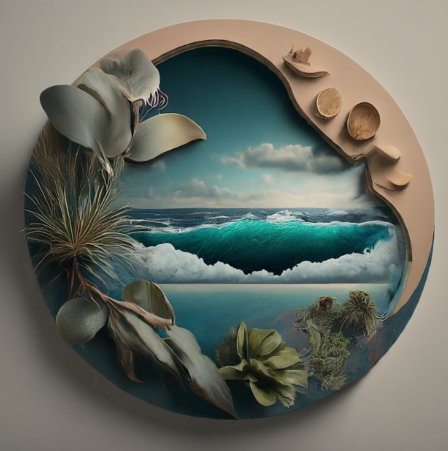 An art piece with shells and plants along the outer edge and waves crashing in the center.