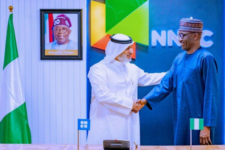 Mele Kyari (right), GCEO NNPC Ltd, and Haitham al-Ghais, the secretary general of the Organisation of the Petroleum Exporting Countries (OPEC), during a courtesy visit to the NNPC Towers, Abuja... Wednesday.