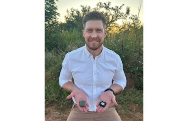 Calvin Terblanche, founder of Horizen, displays the eco-friendly Apple AirTag Cases