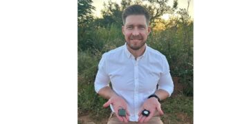 Calvin Terblanche, founder of Horizen, displays the eco-friendly Apple AirTag Cases