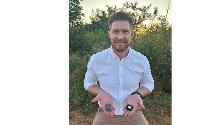 Calvin Terblanche, founder of Horizen, displays the eco-friendly Apple AirTag Cases