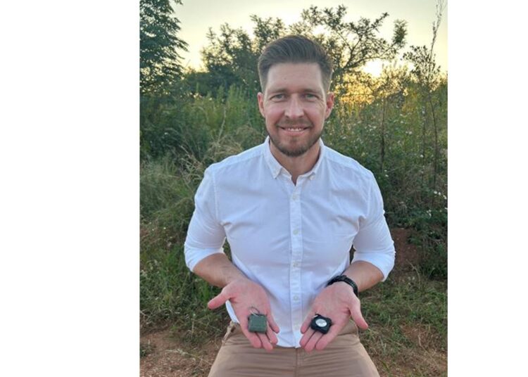 Calvin Terblanche, founder of Horizen, displays the eco-friendly Apple AirTag Cases