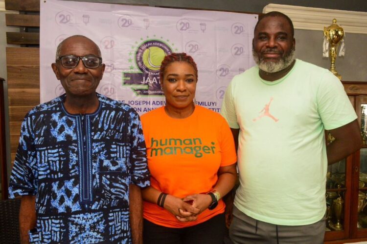 L-r: Representative, Prince Dr. Joseph Adewunmi Ademiluyi Tennis Foundation, Prince Kanmi Ademiluyi; Managing Director, HumanManager Limited, Adekunbi Ademiluyi; and Tennis Section Captain, Lagos Country Club, Omon Ehighebolo; during the Prince Dr. Joseph Adewunmi Ademiluyi Tennis Foundation Tournament Press Conference which held recently at the Lagos Country Club.