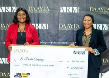 The winner of DAAYTA 2024, Rita Idehai of EcoBarter with Jumoke Ogundare, CEO of ARM