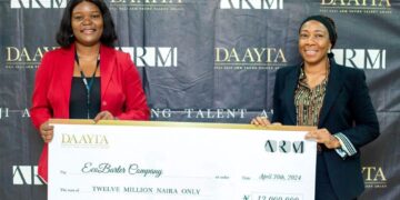 The winner of DAAYTA 2024, Rita Idehai of EcoBarter with Jumoke Ogundare, CEO of ARM