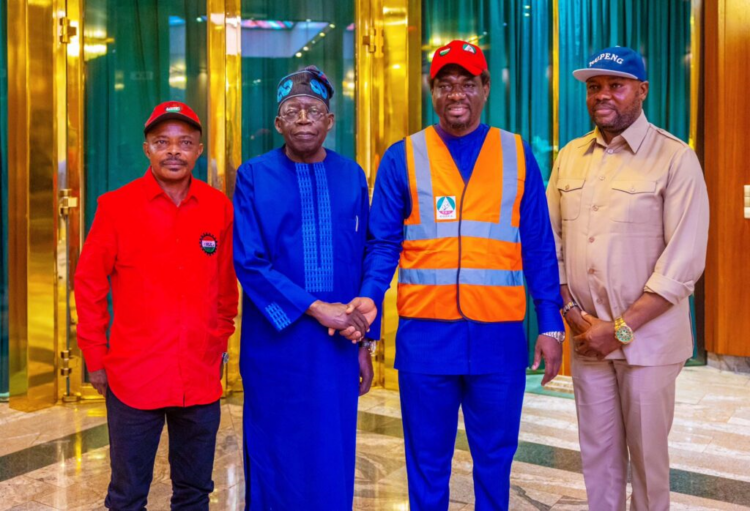 FILE PHOTO: President Bola Tinubu (middle) with NLC and TUC Presidents; Joe Ajero and Festus Osifo, at the Presidential Villa, in August 2023