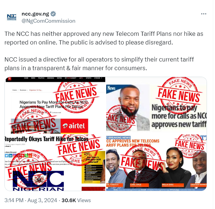 NCC denies Fakes news about tariff plans