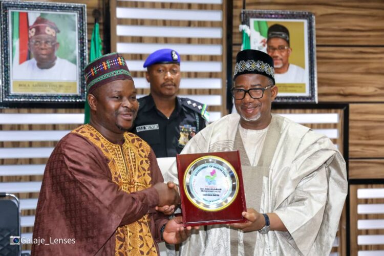 L-R Professor Ibrahim Adeyanju, managing director/CEO Galaxy Backbone, Senator Bala Abdulkadir Mohammed, Executive Governor, Bauchi State. During the MOU signing ceremony