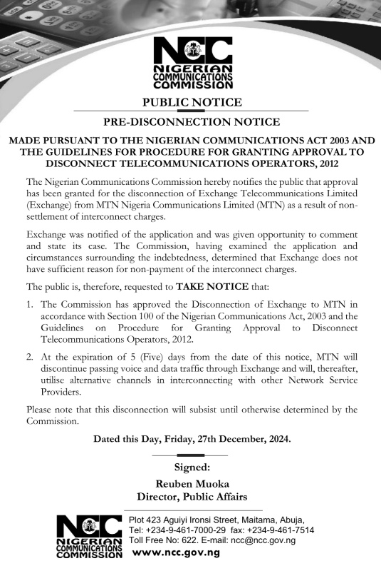 NCC Approves MTN’s Disconnection of Exchange Telecommunications Over Unpaid Charges