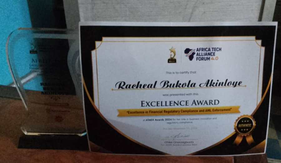 ATAEx award certificate to Racheal Bukola Akinloye