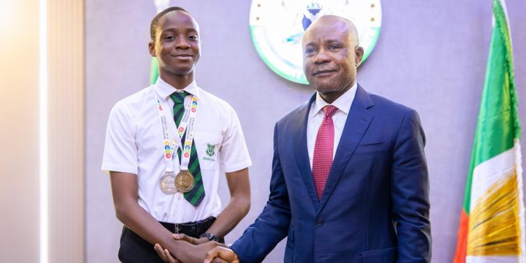 Governor of Enugu State, Peter Mbah, received 13-year-old STEM Olympiad gold medalist, Chimdiebube Onwubiko